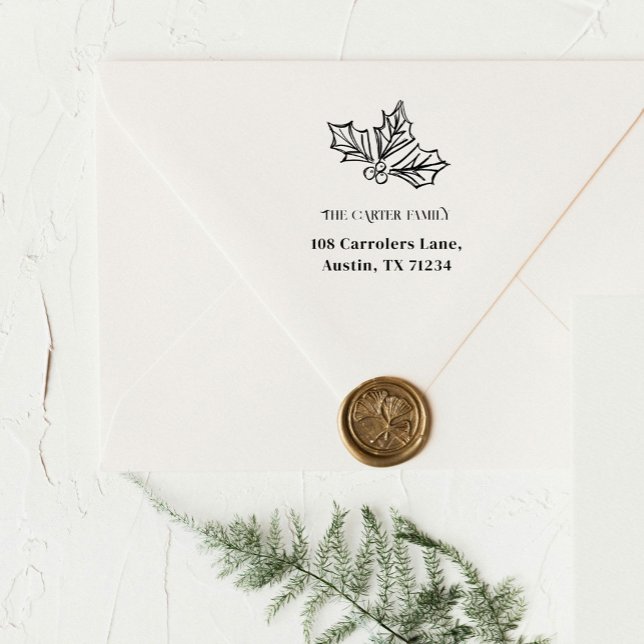 Sello Automático Dirección de retorno del esbozo de Festily Holries (Hand drawn holly berries illustration sketch holiday Christmas return address rubber stamp.)