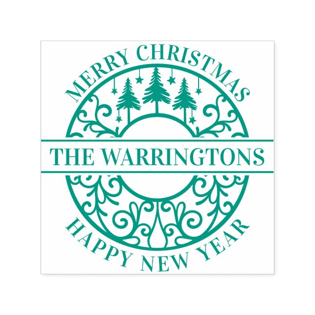 Sello Automático Elegant Fir Trees Stars Lacy Filigree Family Name (Diseño)