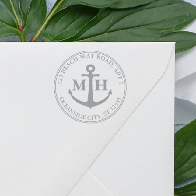 Sello Automático Elegante Anclaje Nautical Monograma Dirección de R (Elegant Anchor Nautical Monogram Return Address Self-inking gray Stamp for nautical weddings)