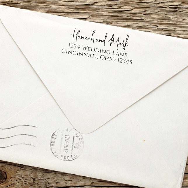 Sello Automático Elegante Boda de dirección de retorno simple y ele (Stylish calligraphy script return address self inking stamp.)