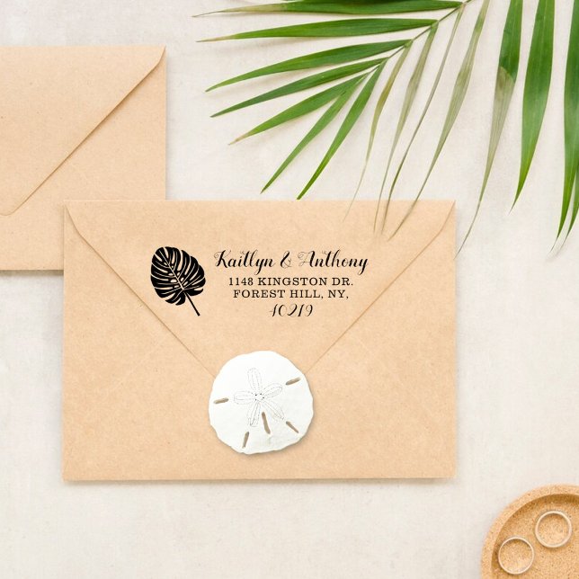 Sello Automático Elegante Boda Tropical de Palm Leaf Beach (Subido por el creador)