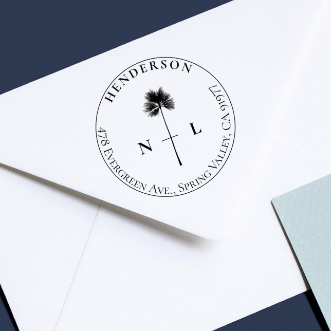 Sello Automático Elegante Boda tropical de palmeras Iniciales y dir (Subido por el creador)