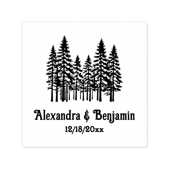 Sello Automático Elegante Fir Trees Boda Pareja Nombre Fecha (Diseño)