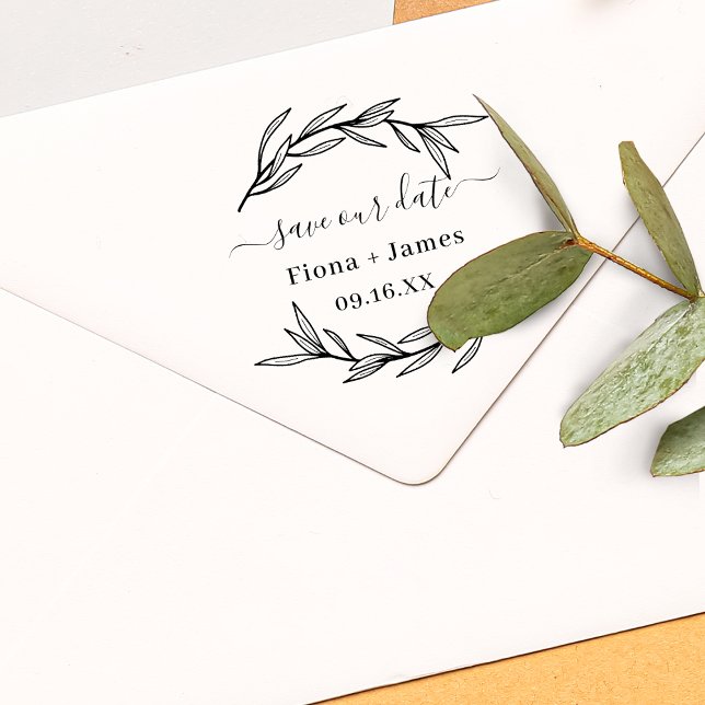 Sello Automático Elegante hoja de laurel Save The Date (Elegant Laurel Leaf Save The Date Self-inking Stamp)