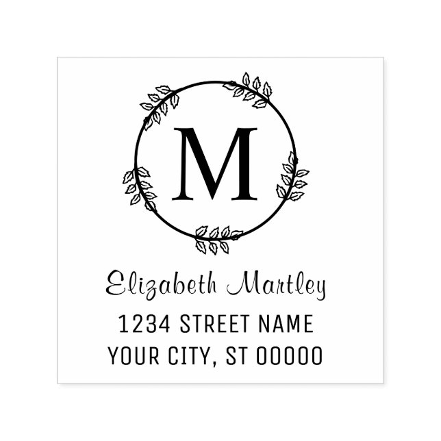 Sello Automático Elegante Leaf Wreath Nombre inicial Dirección de d (Diseño)