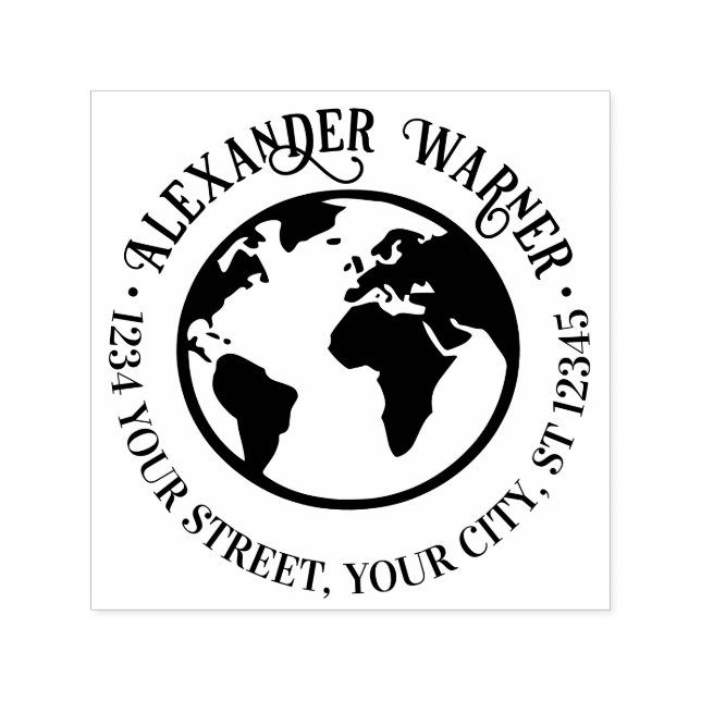 Sello Automático Elegante Mapa de Globo Terráqueo con Nombre y Dire (Diseño)