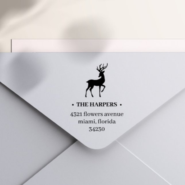 SELLO AUTOMÁTICO ELEGANTE REINDEER ANTLERS HOLIDAY RETURE DIRECCIÓN (Elegant rustic self inking stamp with return address with a profile of a reindeer with antlers)