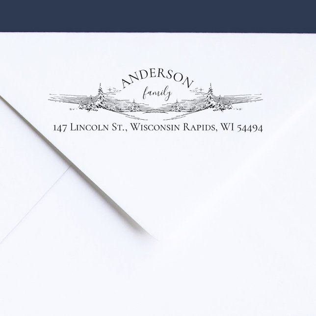 Sello Automático Elegante Rústico De Pinos De Nieve (Winter Snowy Landscape with Pine Trees Elegant Family Return Address Stamp)