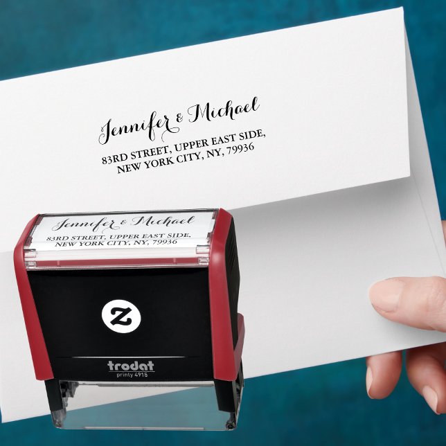 Sello Automático Elegante Script Pareja Nombre Bodas Dirección de R (Elegant Script Couple Name Weddings Return Address Self-inking Stamp)