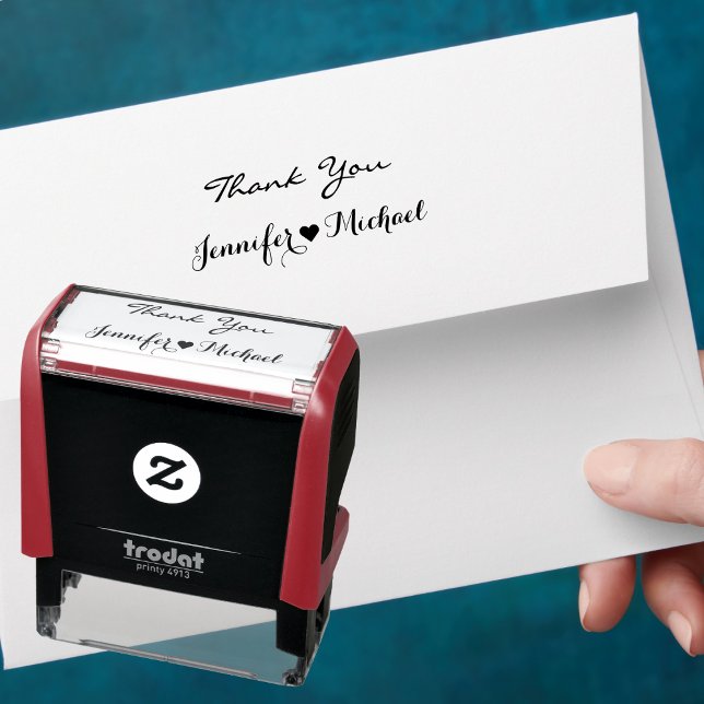 Sello Automático Elegante Script Pareja Nombre Corazón Boda Gracias (Elegant Script Couple Name Heart Wedding Thank You Self-inking Stamp)