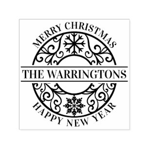 Sello Automático Elegante Snowflakes Lacy Filigree Family Name