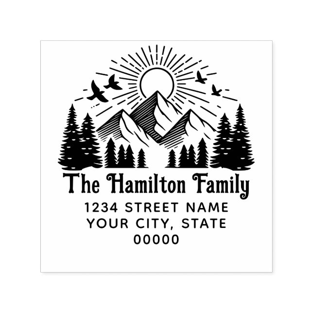 Sello Automático Elegantes Montañas Árboles Sol Pájaros #2 Nombre D (Diseño)