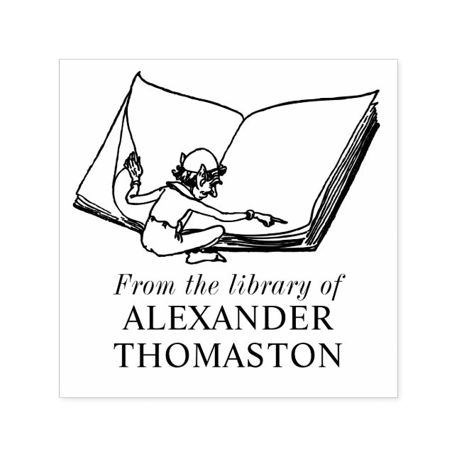 Sello Automático Elfo Caprichoso Leyendo Libro Grande Nombre de la  (Diseño)