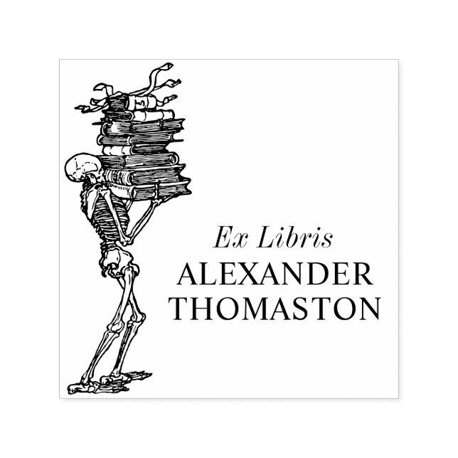 Sello Automático Esqueleto gótico que lleva libros Nombre de la bib (Diseño)