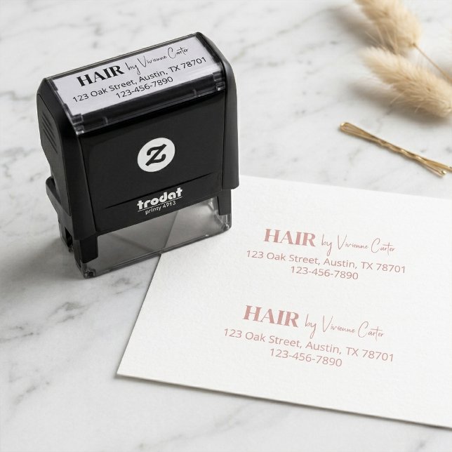 Sello Automático Estudio de cabello con nombre dirección de devoluc (Script Makeup Studio Name Return Address Phone Self-inking Stamp)