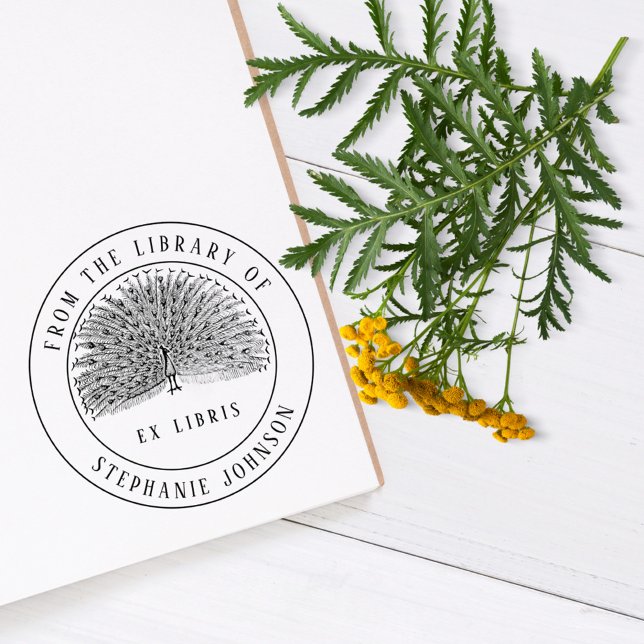 Sello Automático Ex Libris de época única | Peacock | Libro (Unique Vintage Ex Libris | Peacock | Book Self-inking Stamp. Elegant and misterious)