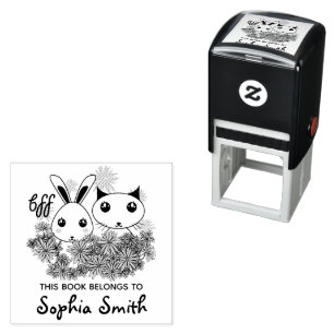 Sello Automático Ex libris de niñas con gatito y conejito lindos