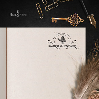 Sello Automático Ex libris Florecer Mariposa Encaje Vintage