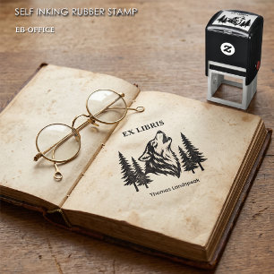 Sello Automático Ex Libris Lobo Aullador en Bosques Libro Personali