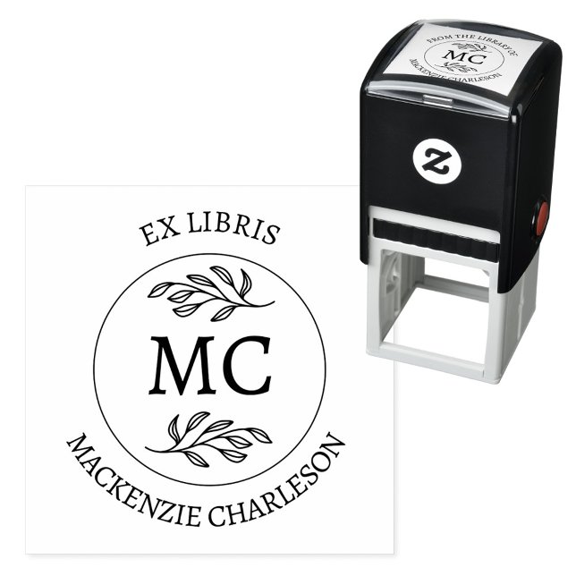 Sello Automático Ex Libris Personalizado Biblioteca de Libros de Mo (Botanical Leaf classical monogram initial personalized Ex Libris from the library of self ink stamp)