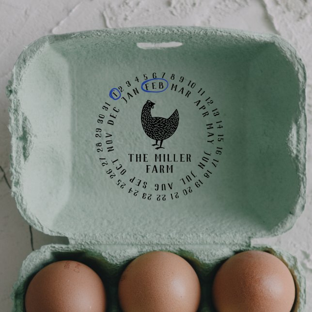 Sello Automático Fecha moderna y nombre de la granja de pollo Huevo (Rubber Stamp Mock-up)