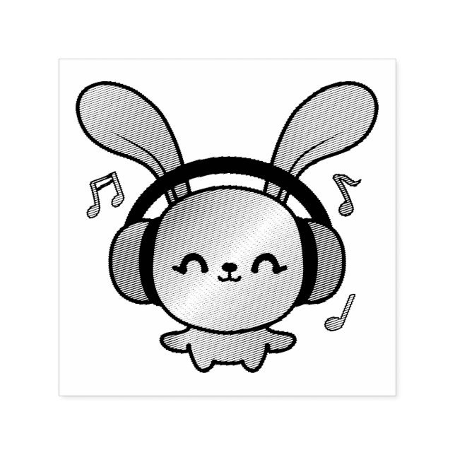 Sello Automático Feliz Conejo con auriculares escuchando música. (Diseño)