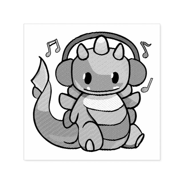 Sello Automático Feliz dragón con auriculares escuchando música. (Diseño)
