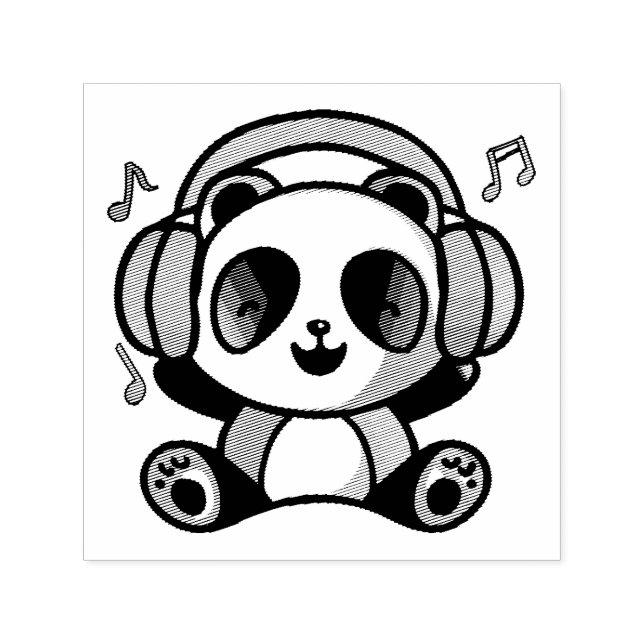 Sello Automático Feliz Panda con auriculares escuchando música. (Diseño)