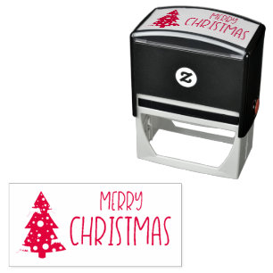 Sello Automático Feliz texto navideño con un árbol de Navidad nevad