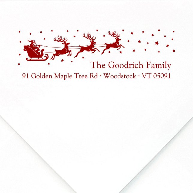 Sello Automático Festiva dirección de regreso de Navidades de Santa (Elegant, festive Santa's reindeer sleigh and stars Christmas self-inking return address stamp.)