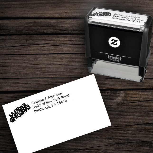 Sello Automático Festive Fancy Letters Merry Christmas Stars (Merry chrismtas festive fancy letters on self inking return address stamp.)