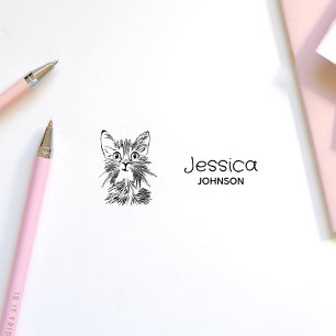 Sello Automático Firma Cute Cat Drawing Custom Name Kids