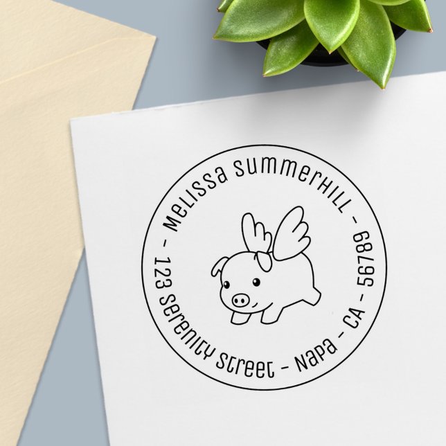 Sello Automático Flying Pig - Piglet with Wings Round Address 1 (Subido por el creador)