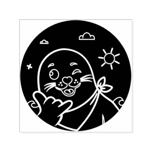 Sello Automático Foca guiñando con bandana haciendo el signo Shaka