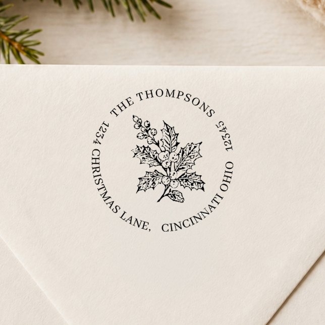 Sello Automático Follaje de Navidad Dirección de Devolución Familia (Personalized Christmas foliage return address stamp with elegant holly and berries.)