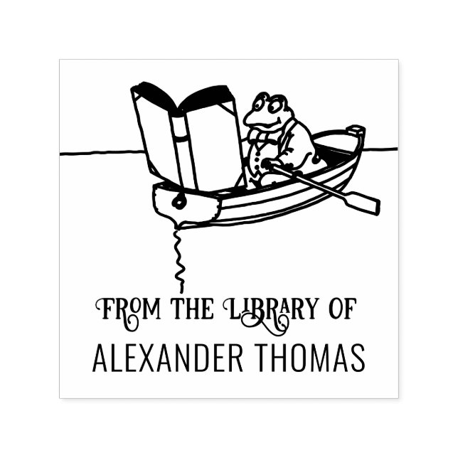 Sello Automático Frog in Row Boat Reading Book Library Name (Diseño)