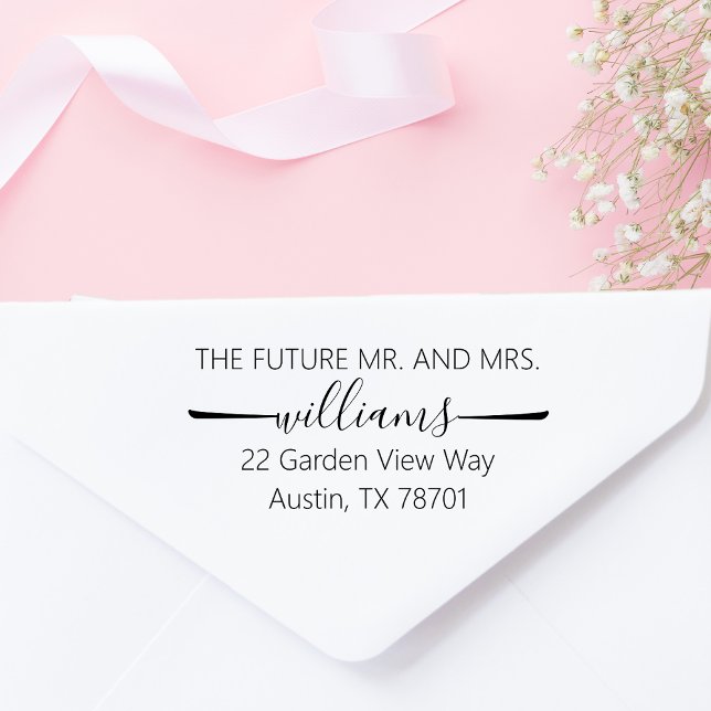 Sello Automático Futuro Sr. Mrs Minimal Script Personalizado Return (The Future Mr and Mrs minimal script return address stamp)