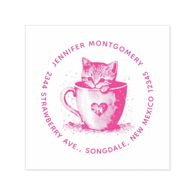 Sello Automático Gatito en una taza de té con nombre y dirección de (Diseño)