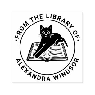 Sello Automático Gato acostado sobre libro abierto - Nombre del lib