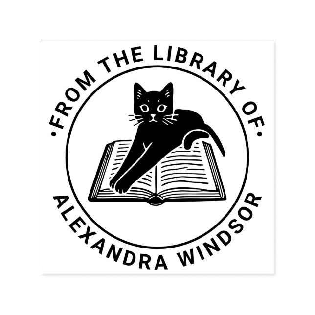 Sello Automático Gato acostado sobre libro abierto - Nombre del lib (Diseño)