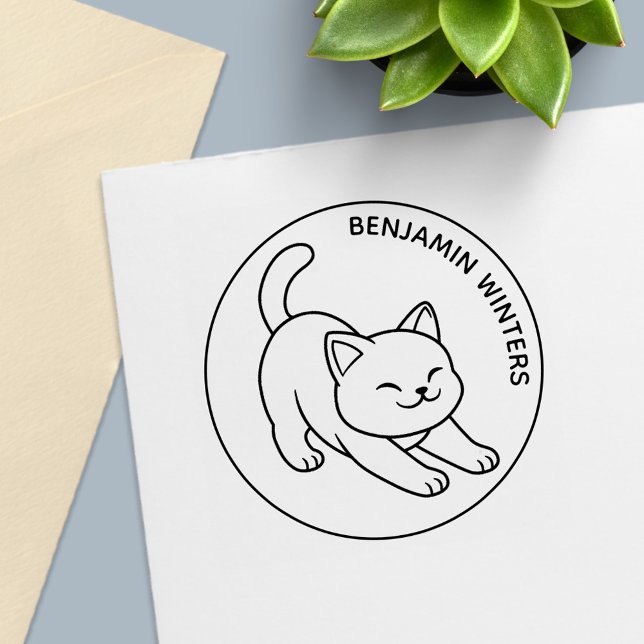 Sello Automático Gato Blanco Estirándose Texto Personalizado (Subido por el creador)