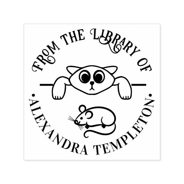 Sello Automático Gato Bonito Mirando Ratón Alrededor del Nombre del (Diseño)