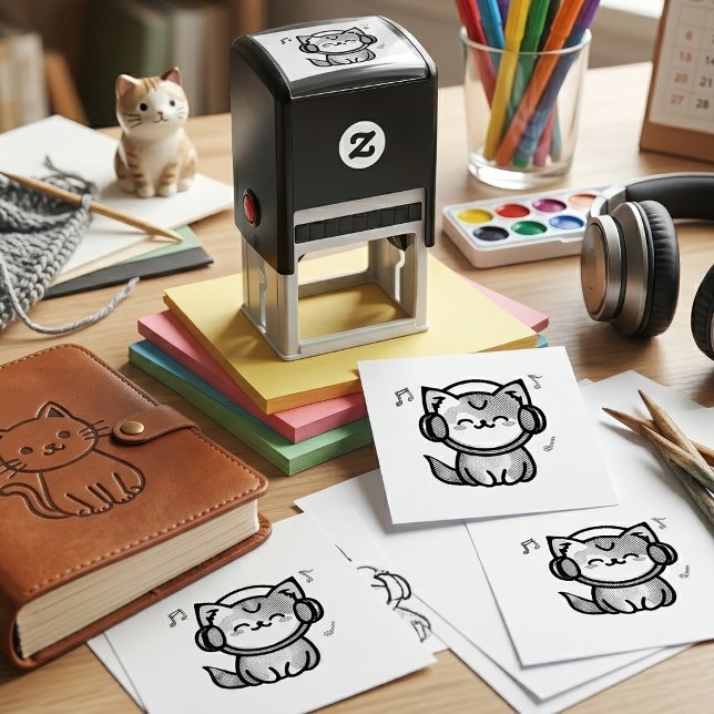 Sello Automático Gato de dibujos animados kawaii sonriente con auri (Happy Smiling Kawaii Cartoon Cat with Headphones. Self-inking Stamp)