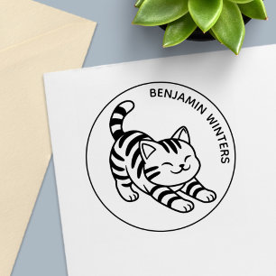 Sello Automático Gato de rayas estirándose con texto personalizado