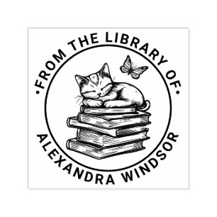 Sello Automático Gato durmiendo en libros, nombre del libro de la b