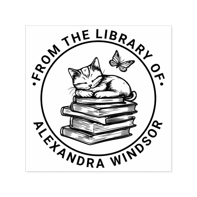 Sello Automático Gato durmiendo en libros, nombre del libro de la b (Diseño)