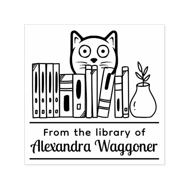 Sello Automático Gato escondido detrás de libros “de la biblioteca  (Diseño)