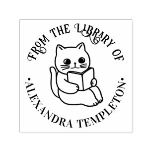 Sello Automático Gato leyendo libro “De la biblioteca de” Nombre