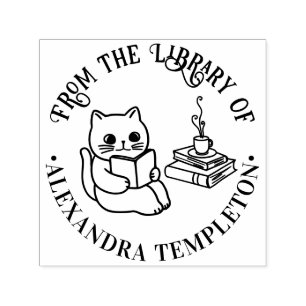 Sello Automático Gato leyendo libro, nombre del libro de la bibliot