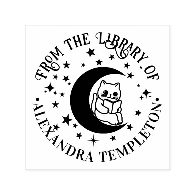 Sello Automático Gato leyendo, luna creciente estrellas nombre del  (Diseño)
